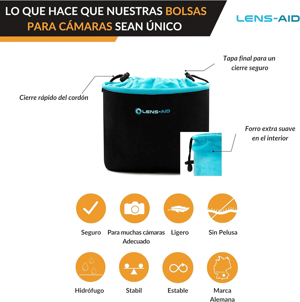 Lens-Aid Funda Neopreno para Camara con Forro Polar: Bolsa Protectora para DSLR, Bridge, MFT, com-pacta y Accesorios, Compatible para Canon, Nikon, Pentax, Fuji, Sony y más (S)