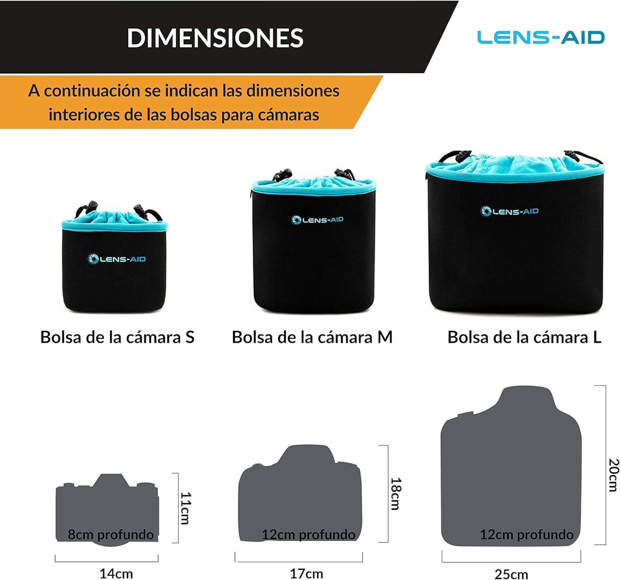 Lens-Aid Funda Neopreno para Camara con Forro Polar: Bolsa Protectora para DSLR, Bridge, MFT, com-pacta y Accesorios, Compatible para Canon, Nikon, Pentax, Fuji, Sony y más (S)